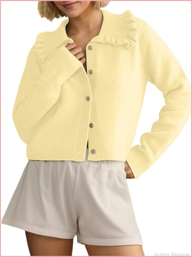 Women's Ruffle Collar Button Down Cardigan Knit Open Front Long Sleeve